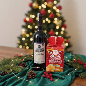 MATRIMONIO BOTELLA DE VINO 0 GRADOS GALLETAS MOÑO 150 GRAMOS BOLSA NAVIDEÑA Y MOÑO