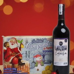 MATRIMONIO BOTELLA DE VINO 0 GRADOS GALLETA CAMPANITA 160 GRAMOS BOLSA NAVIDEÑA Y MOÑO