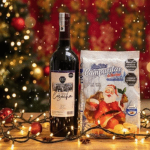 MATRIMONIO BOTELLA DE VINO 0 GRADOS GALLETA CAMPANITA 180 GRAMOS BOLSA NAVIDEÑA Y MOÑO